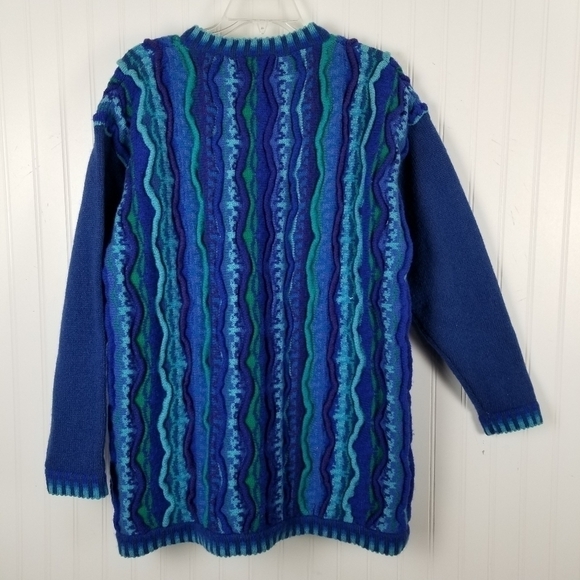 Tulchan Men's Coogi Style Vintage Wool Cardigan Sweater 3D Blue Green Size S/M - Picture 7 of 14
